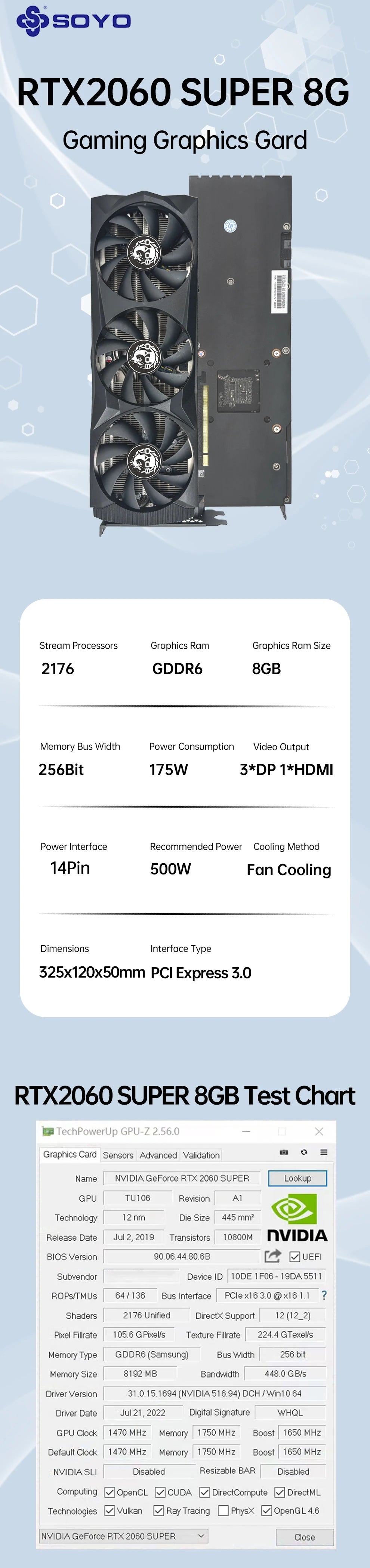 USED Graphics Cards NVIDIA GeForce RTX2060 SUPER 8G GDDR6 PCIE3.0x16 Gaming Video Card for Desktop PC Computer Components