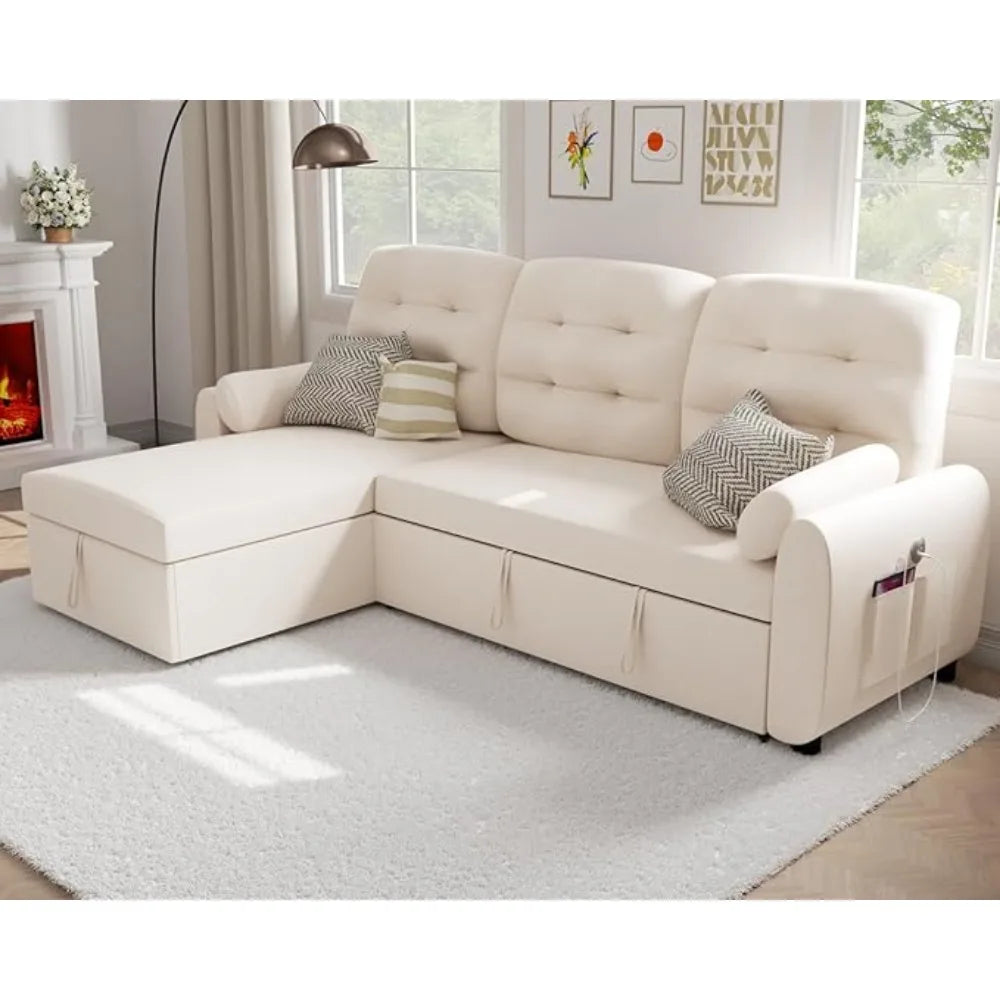 Sectional Sofa Couch, 87" Sleeper Sofa Bed with Reversible Storage Chaise Pull Out Couch for Living Room