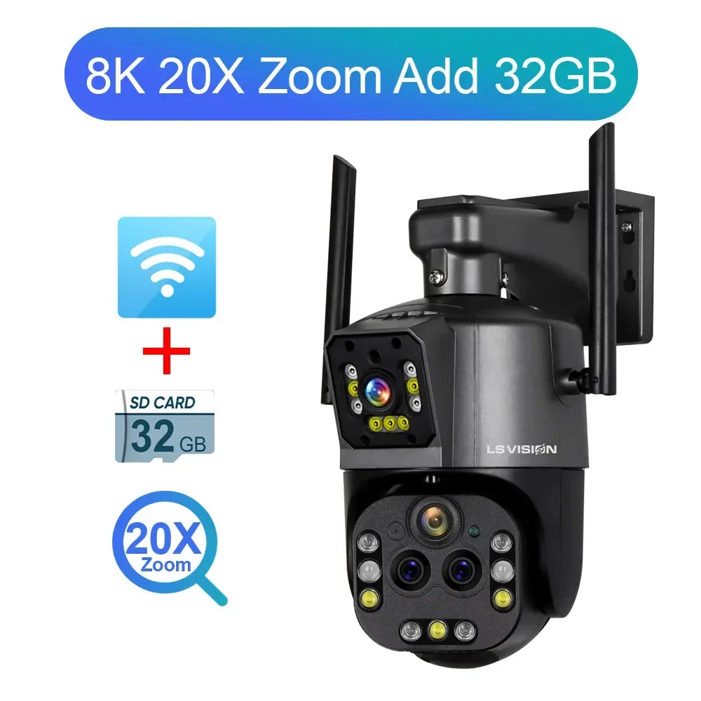 LS VISION Ultra 8K WiFi IP Camera 20X Optical Zoom Outdoor Wireless 4K Four Lens Dual Screens PTZ Cam Auto Tracking CCTV Camera