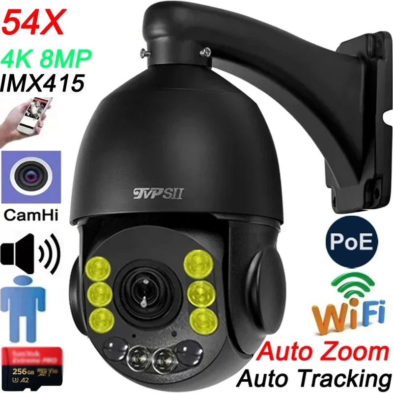 Max.256G Full Color Auto Tracking CamHi H.265+ 8MP 4K IMX415 54X Optical Zoom Audio Alarm WIFI POE PTZ 2 in 1 IP Security Camera