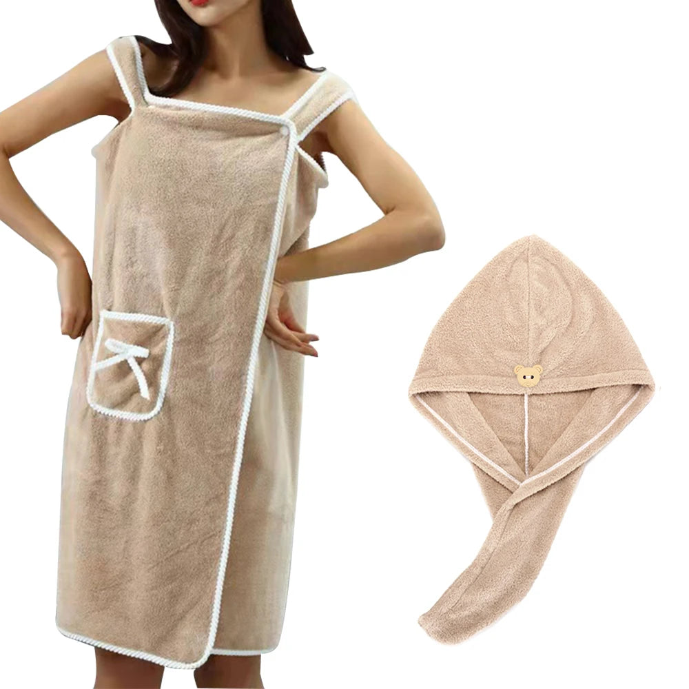 Bath Towel And Turban Hair Towel For Women With Lovely One Pocket Wearable Microfiber Towels 2 Pcs/Set Bathroom Accessories