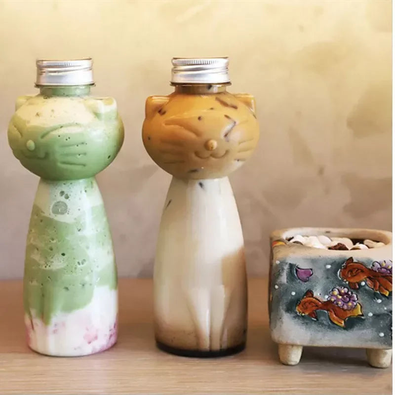 PET Cat Water Bottles for Milk Tea Coffee Juice Portable Drinking Cup Home Transparent Juicing Beverage Drink Bottle BPA Free