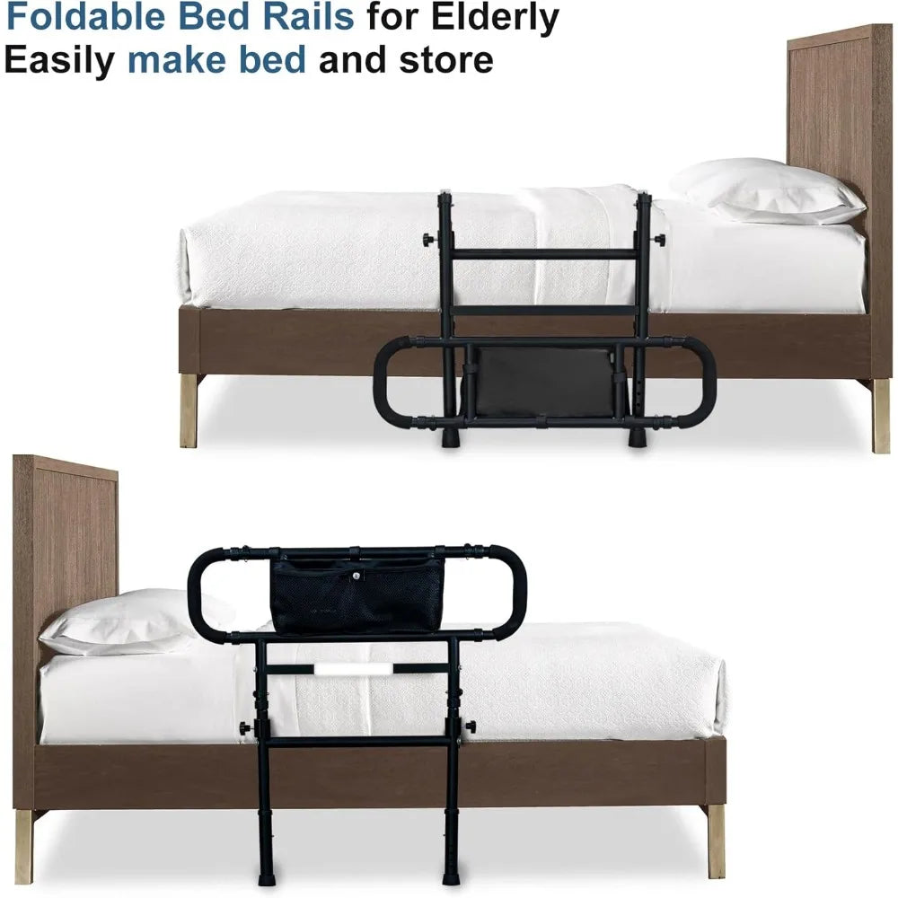 Adjustable Bed Rails for Elderly Adults Safety with Motion Light,Foldable Heavy Duty Bed Rail with Extended Grab Bar,Pouch Bag