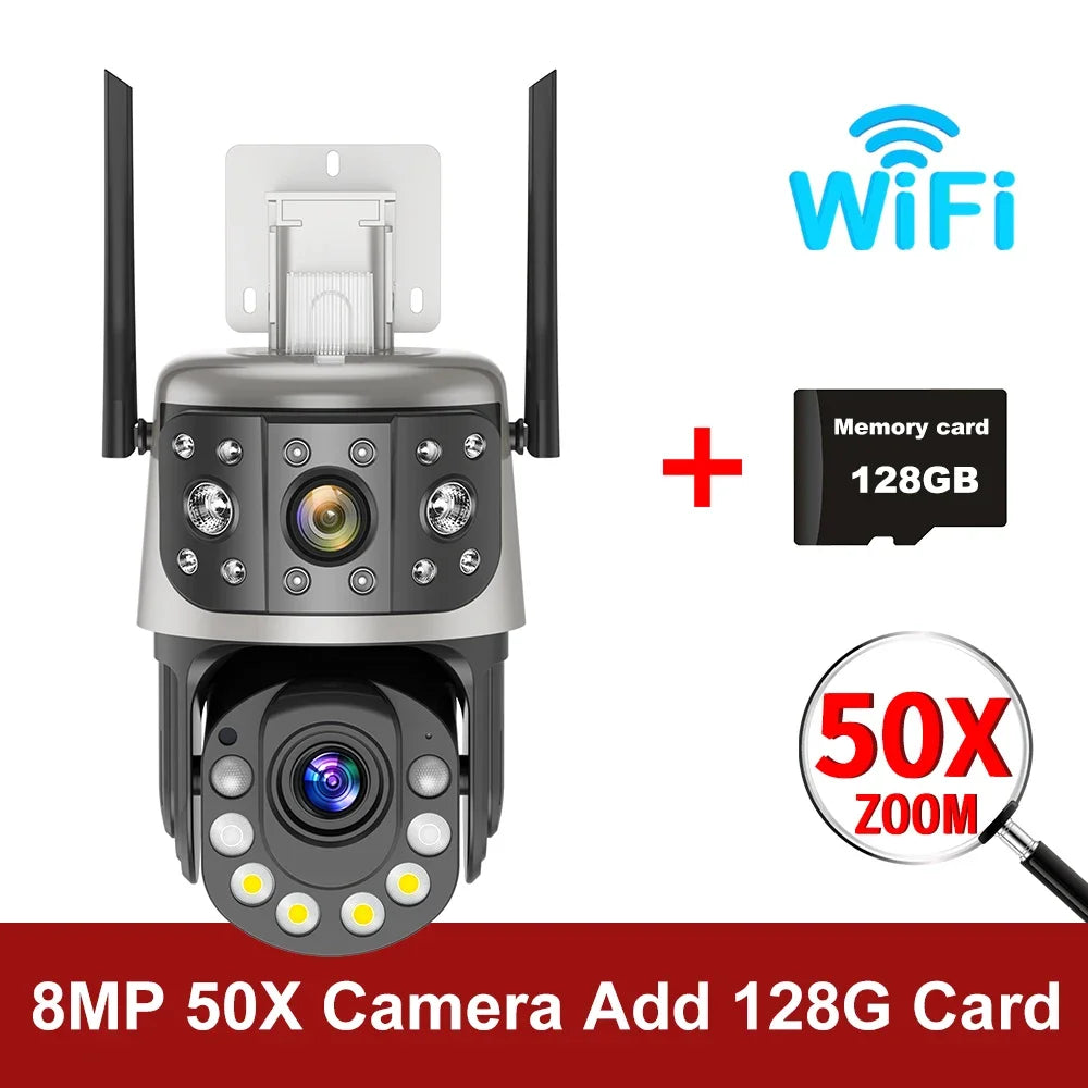 8MP Outdoor Wifi 50X Optical Zoom PTZ Camera Dual Screen Auto Tracking IP Video Surveillance Camera CCTV Two Way Audio ICSEE