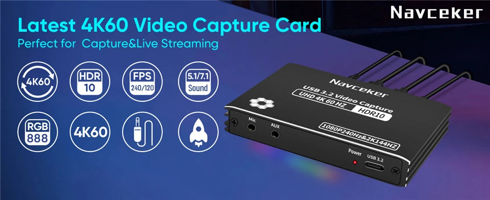 Navceker 4K 60Hz HDMI USB 3.2 Capture 2K 120FPS USB C Video Card 1080P 240FPS Video Grabber Live Streaming For PS5 Camera XBox