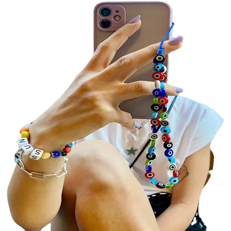 Simple Clay Fruit Charm Phone Chain Jewelry for Women Phone Lanyard Acrylic Resin Evil Eye Star Phone Case Strap DIY Accessories
