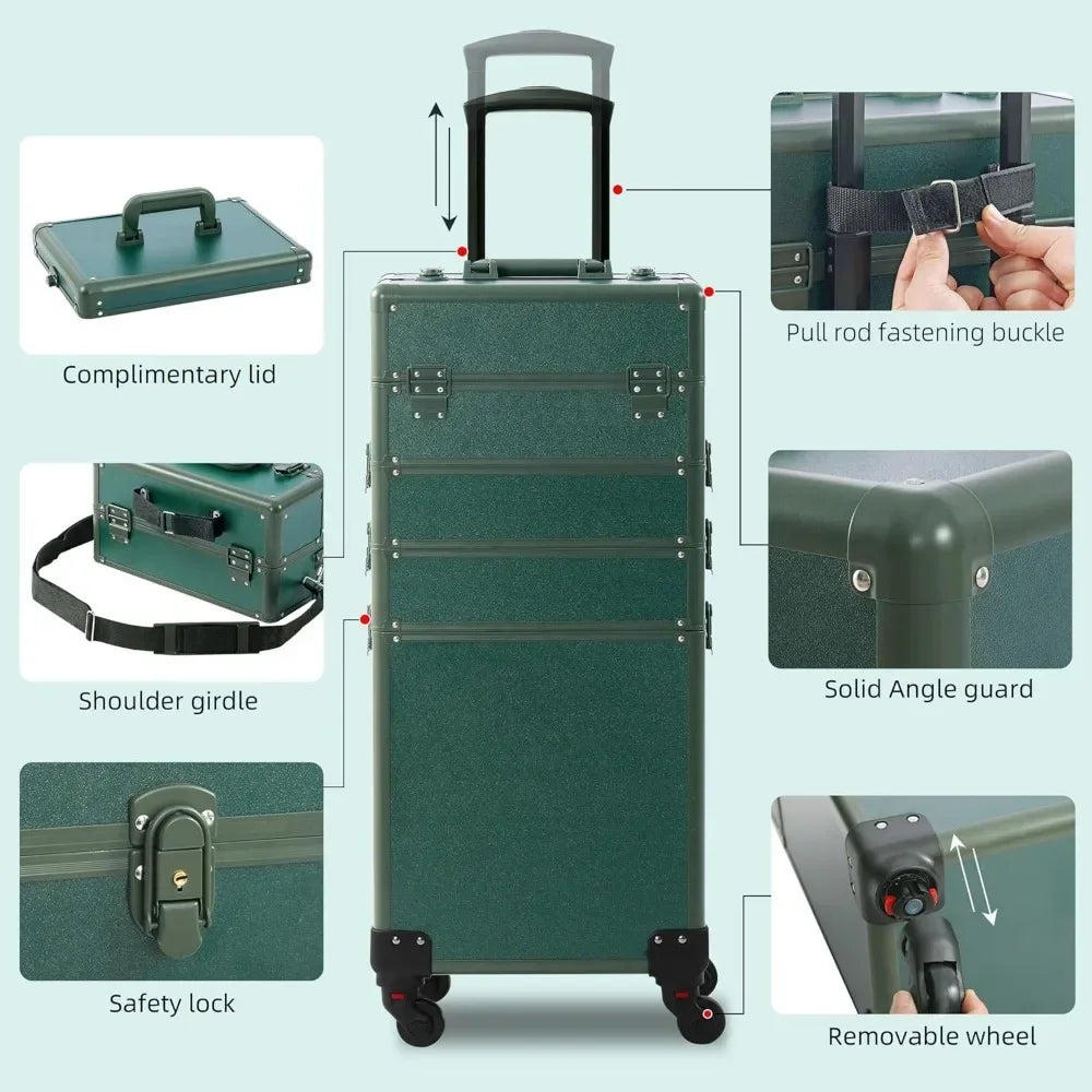 Makeup Train Case, Rolling Makeup with Lid, 5 in 1 Cosmetology Case on Wheels, Christmas Gift, Large Makeup Case Organizers