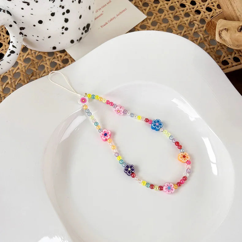 2023 Pink Acrylic Heart Cellphone Chain Lanyard Jewelry for Women Vintage Devil Eye Flower Charm Phone Case Strap Accessories
