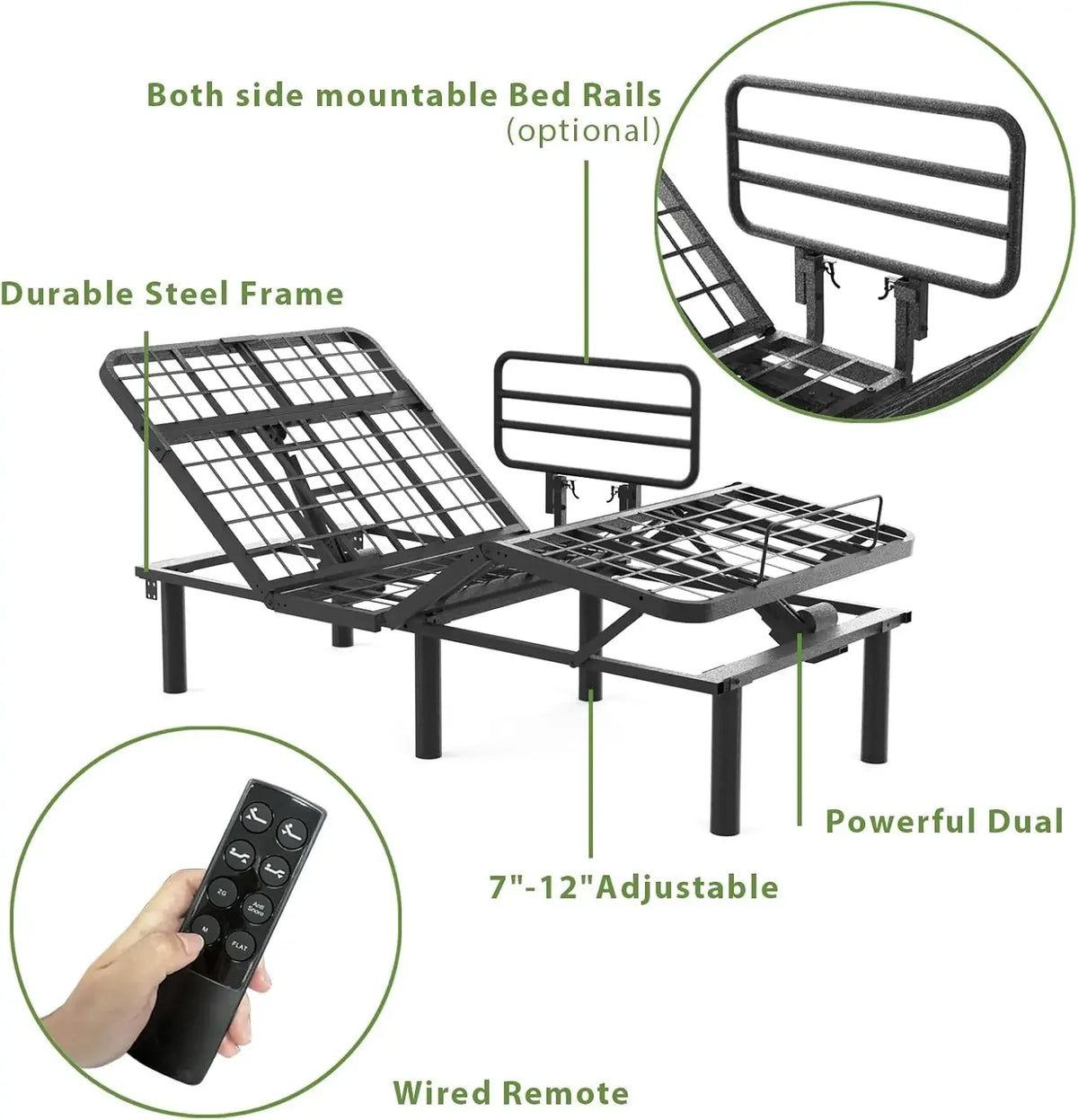 Adjustable Bed Base with one Bed Assist Rail for Seniors, Premium Quiet Motor, Anti-Snore, Zero Gravity, Memory Pre-Sets, Wirele
