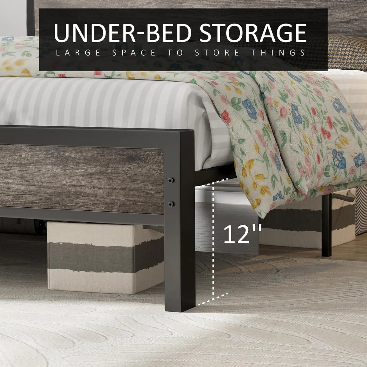 Queen Size Bed Frame Industrial Platform Bed with Charging Station, 2-Tier Storage Headboard/No Box Spring Needed/Noise