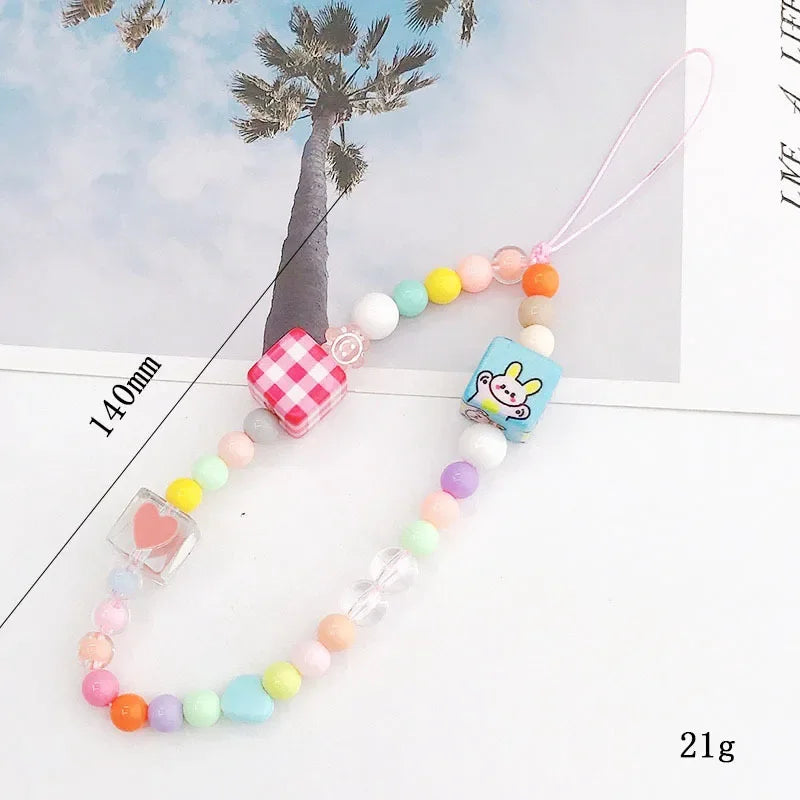 2024 Acrylic Flower Cat Head Beads Charm Phone Chain Lanyard Jewelry for Women Phone Case Strap Butterfly LOVE Letter Accessory