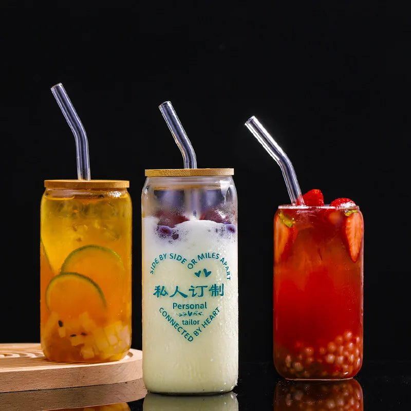 Cola Can with Bamboo Lid, Glass Beverage Juice Cup with Straw