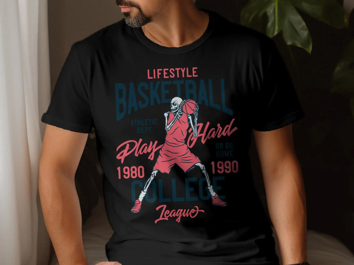 Vintage Skeleton Basketball Player T Shirt Athletic Dept College League Retro Sports 1980s 1990s Style Play Hard Apparel