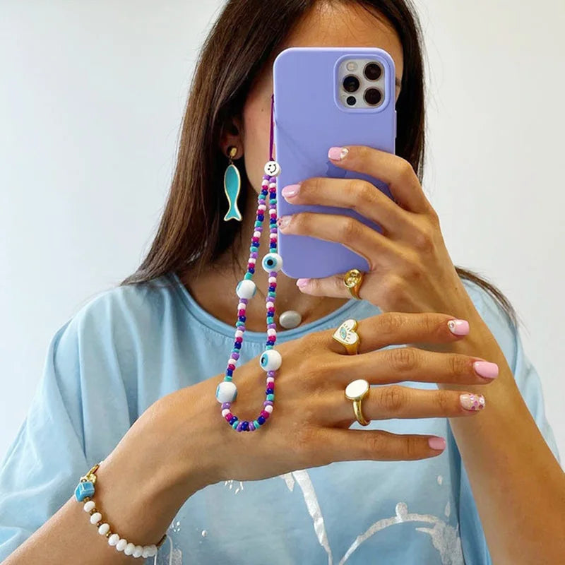 Simple Clay Fruit Charm Phone Chain Jewelry for Women Phone Lanyard Acrylic Resin Evil Eye Star Phone Case Strap DIY Accessories