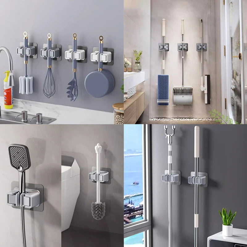 Multi-Purpose Hooks Adhesive Wall Hanging Mop Rack Bathroom Mop Organizer Holder Waterproof Broom Hanger Organizer Accessories