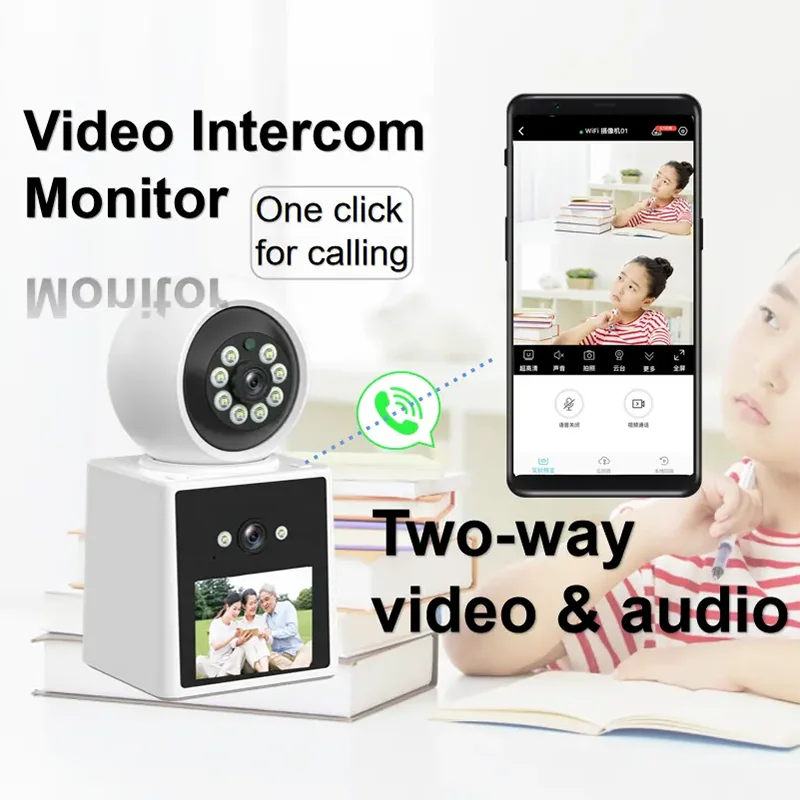 PTZ IP Camera Dual Lens 2MP LCD Screen Auto Tracking Indoor HD Smart Home Two way Audio WiFi Video Call Cam Color Night Vision