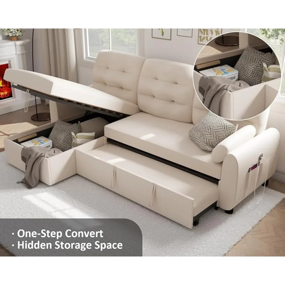 Sectional Sofa Couch, 87" Sleeper Sofa Bed with Reversible Storage Chaise Pull Out Couch for Living Room