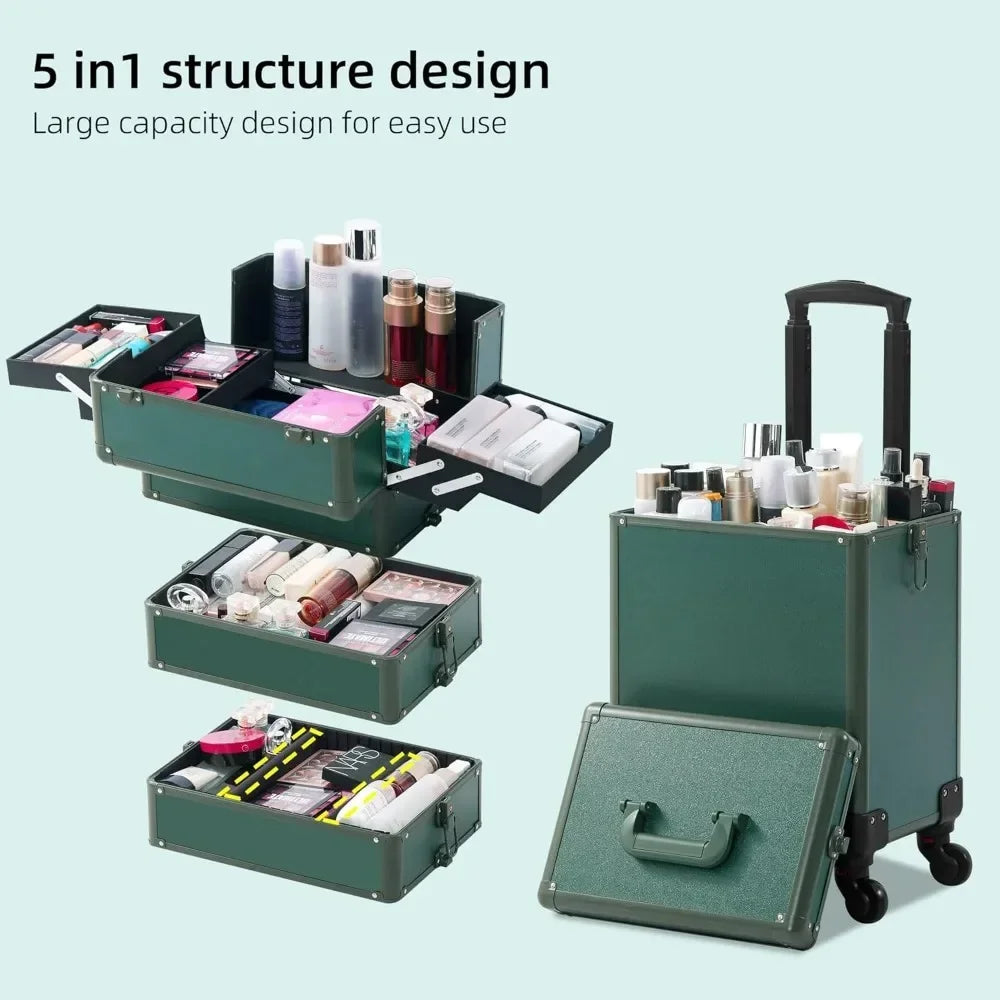 Makeup Train Case, Rolling Makeup with Lid, 5 in 1 Cosmetology Case on Wheels, Christmas Gift, Large Makeup Case Organizers