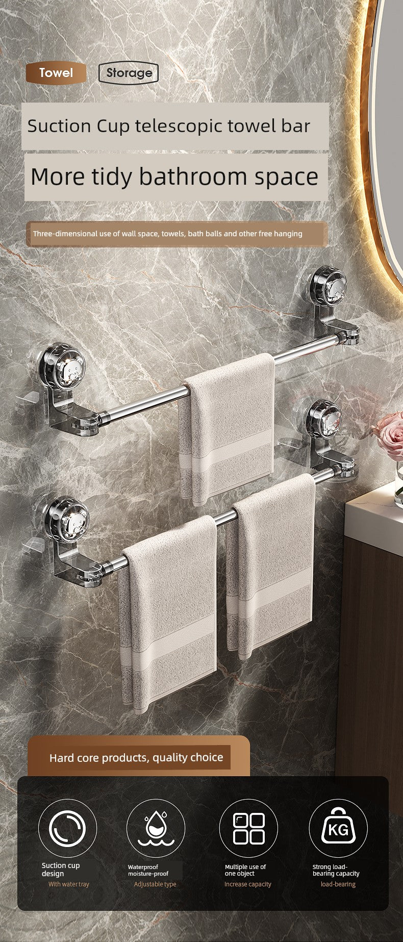 Suction Cup Towel Rack Bathroom Punch-Free Bathroom Retractable Towel Bar Storage Rack Bathroom Bath Towel Storage Rack
