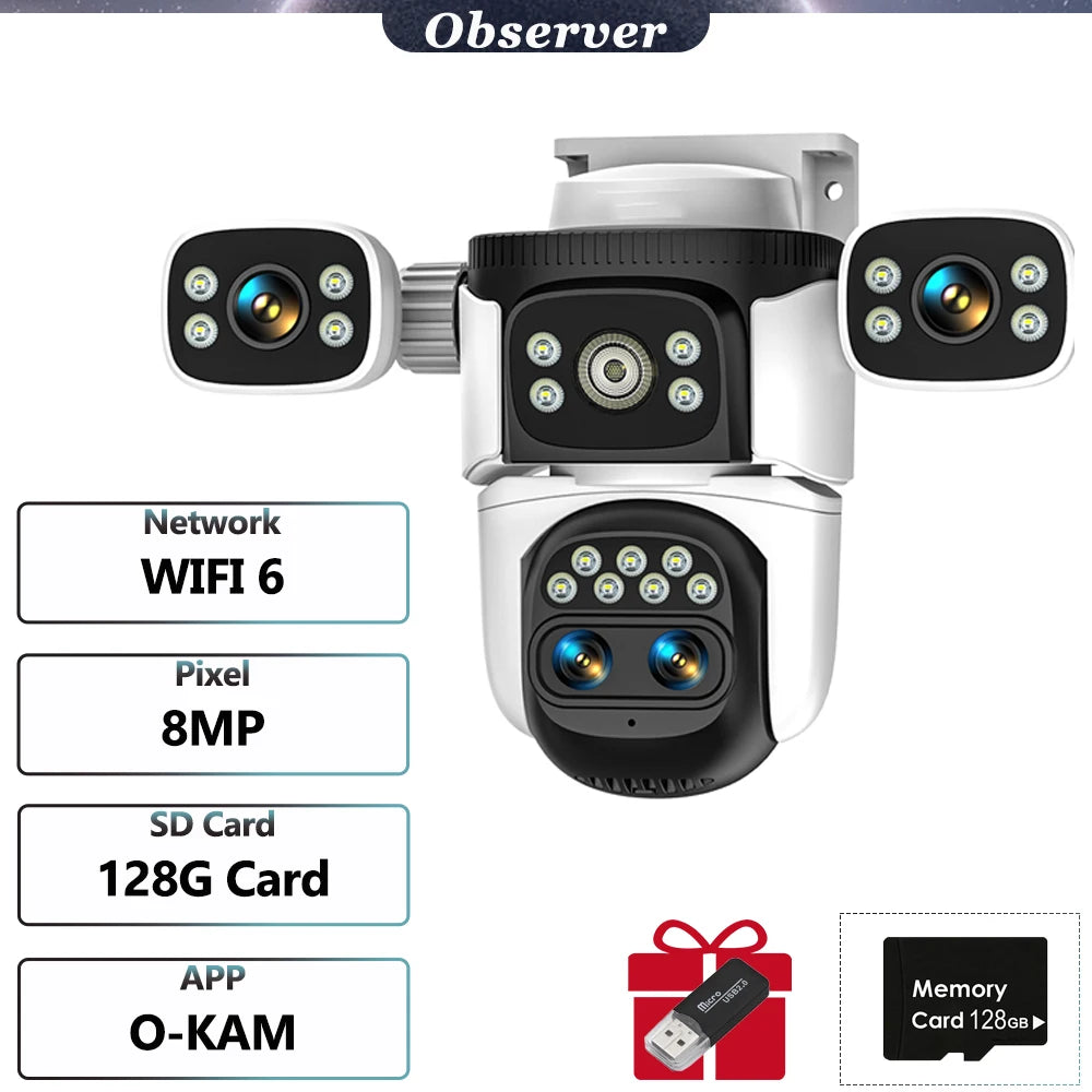 4K 10x Optical Zoom WIFI Camera 8MP Outdoor Four Lens Four Screens PTZ Camera AI Auto Tracking Video Surveillance Support WIFI 6
