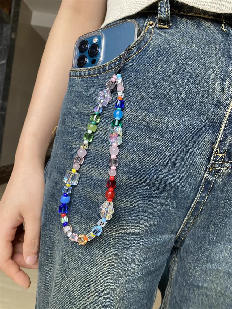 HERLOOK Butterfly Phone Charm Strap Crystal Cube Beaded Flower Phone Chain Y2K Accessories Mix-Color Resin Cellphone Lanyard