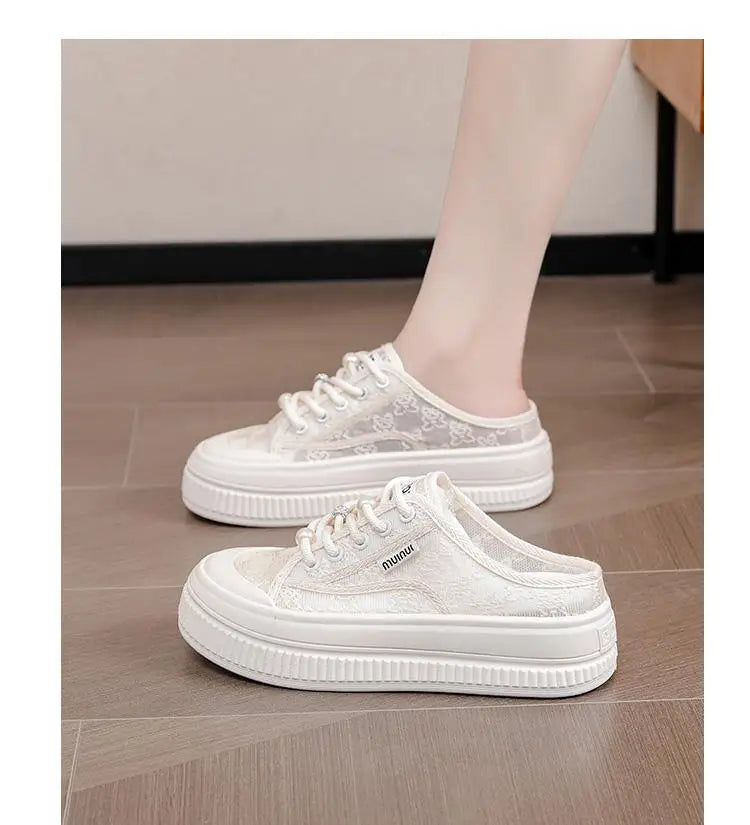 Women Slippers Outdooor Mesh Breathable Lace Up Thick Sole Sandals Wear Resistant Non-slip Fashion Causal Versatile 2024