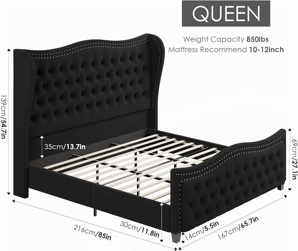 Queen Bed Frame, 55" Headboard Upholstered Bed with Tall Footbaord, Velvet Handmade Pleats Deep Button Tufted Wingback P