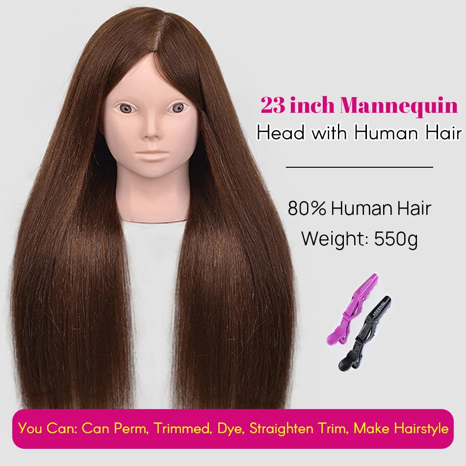 New Female Mannequin Training Doll Head With 80% Real Hair For Hairsyles Hairdressing Cosmetology Dolls Head With Stand Tripod