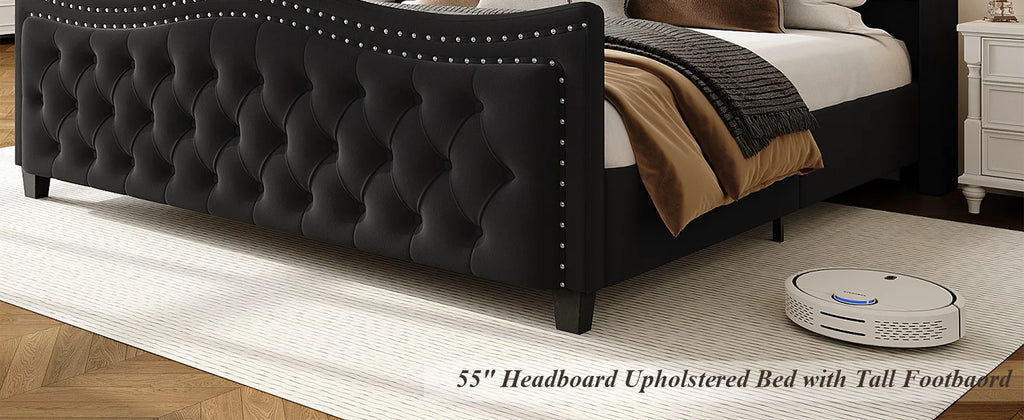Queen Bed Frame, 55" Headboard Upholstered Bed with Tall Footbaord, Velvet Handmade Pleats Deep Button Tufted Wingback P