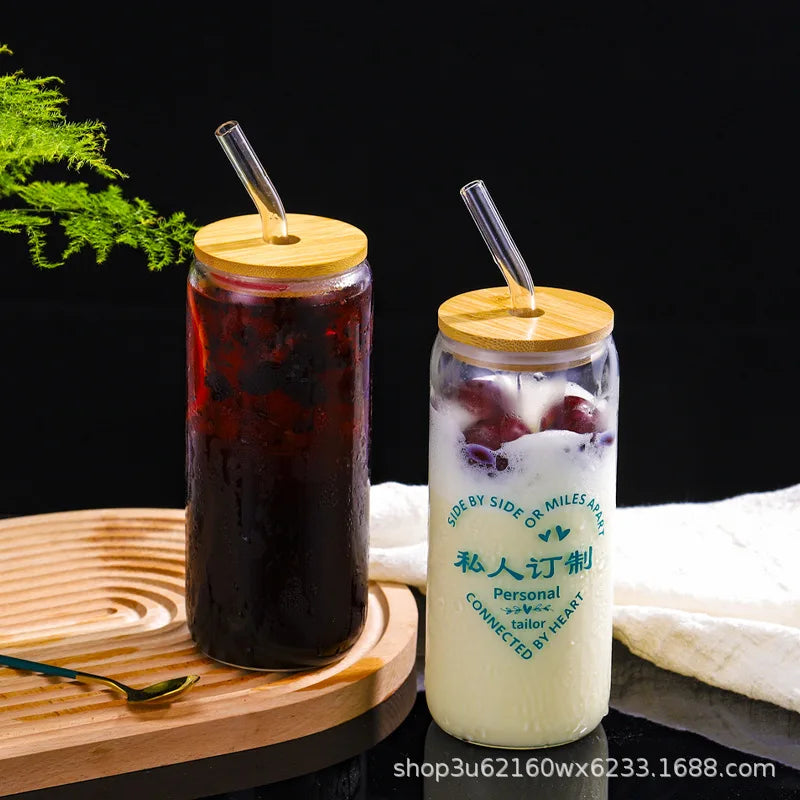 Cola Can with Bamboo Lid, Glass Beverage Juice Cup with Straw