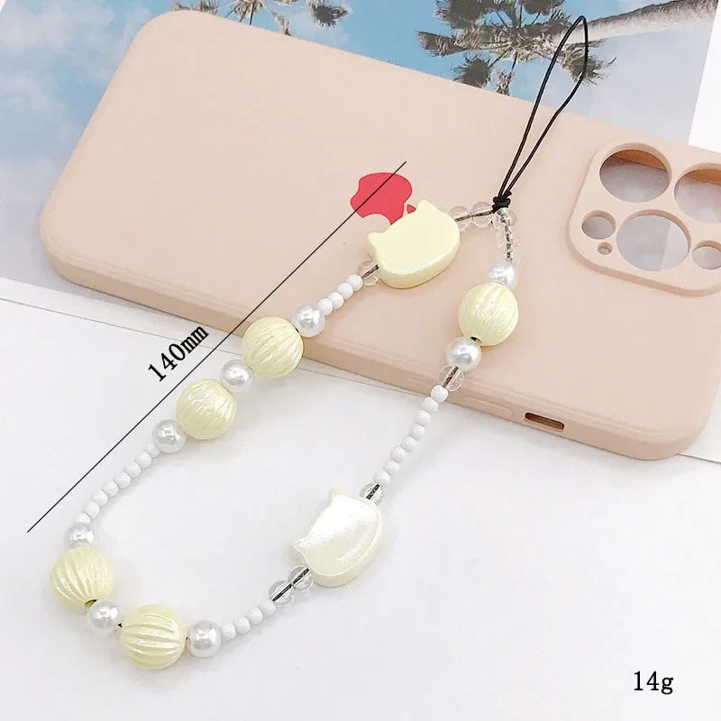 2024 Acrylic Flower Cat Head Beads Charm Phone Chain Lanyard Jewelry for Women Phone Case Strap Butterfly LOVE Letter Accessory