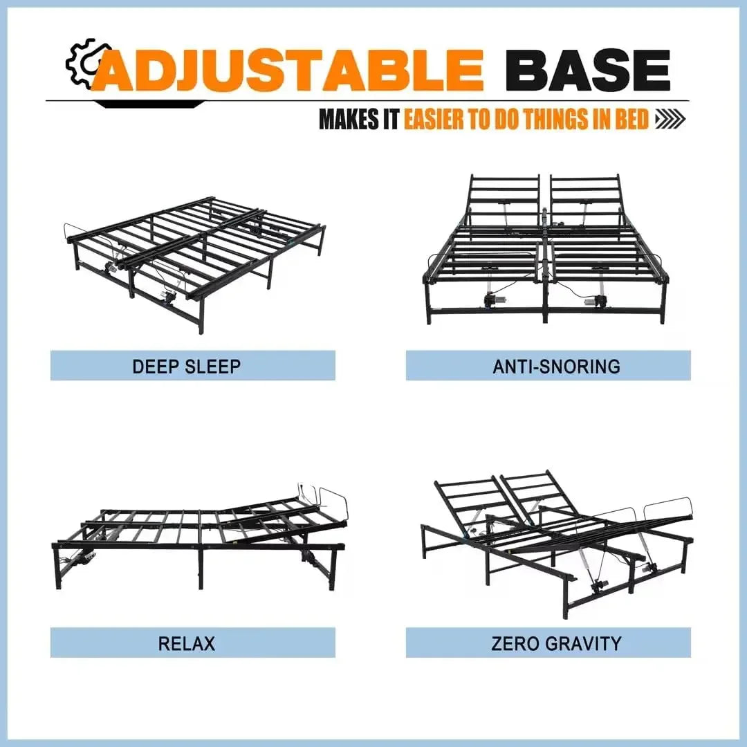 Adjustable Bed Base Frame, Queen Electric Hevy Duty Bed Frame with Wired Reomote for Independent Ergonomic Head and Foot Incline