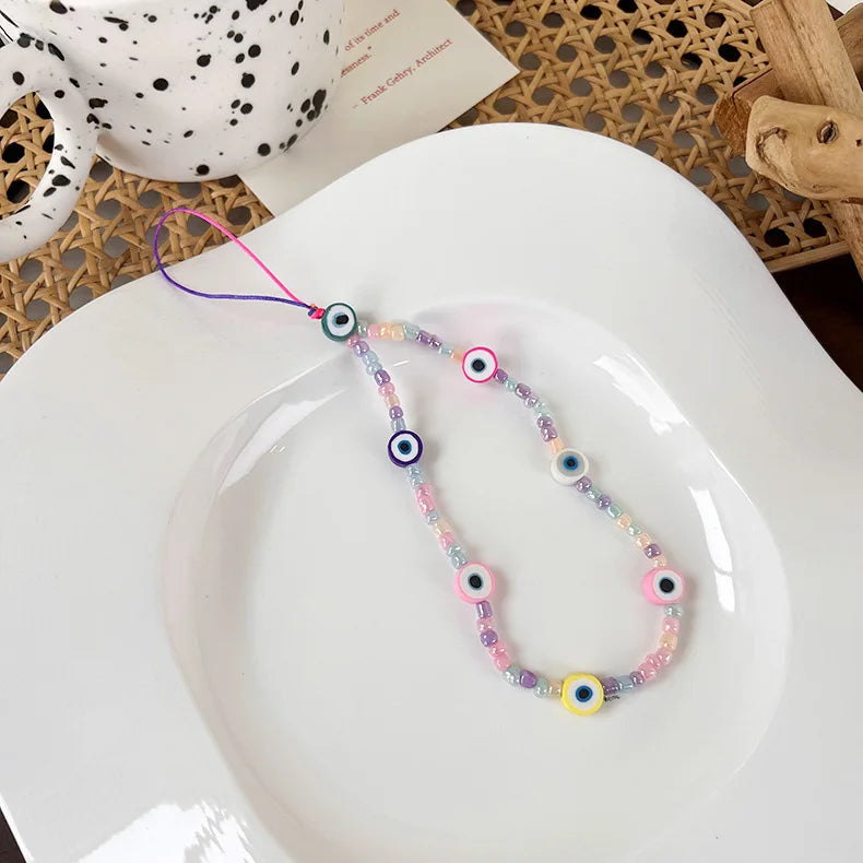 2023 Pink Acrylic Heart Cellphone Chain Lanyard Jewelry for Women Vintage Devil Eye Flower Charm Phone Case Strap Accessories