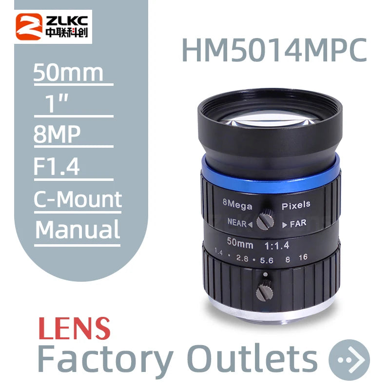 50 mm Lens C Mount Camera Lens 1 Inch 8MP F1.4 Manual Iris FA High Resolution Machine Vision for Industrial/Surveillance Camera