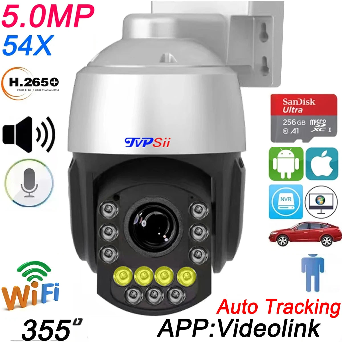 Max.256G Full Color Auto Tracking CamHi H.265+ 8MP 4K IMX415 54X Optical Zoom Audio Alarm WIFI POE PTZ 2 in 1 IP Security Camera