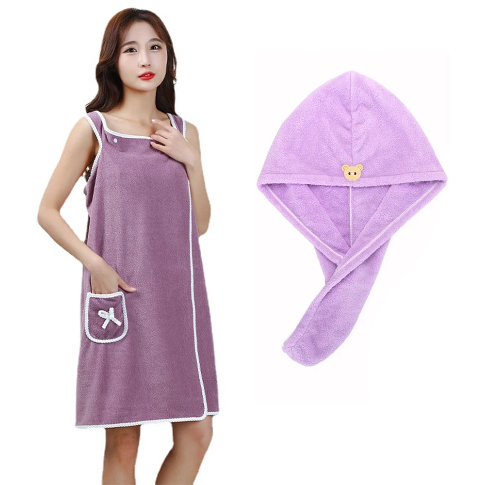 Bath Towel And Turban Hair Towel For Women With Lovely One Pocket Wearable Microfiber Towels 2 Pcs/Set Bathroom Accessories