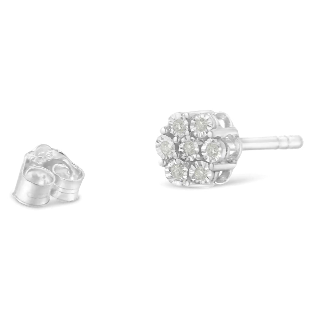 Boucles d'oreilles à tige en argent sterling 925 avec diamants taille ronde de 1/6 ct sertis miracle et bouton floral (couleur IJ, pureté I2-I3)