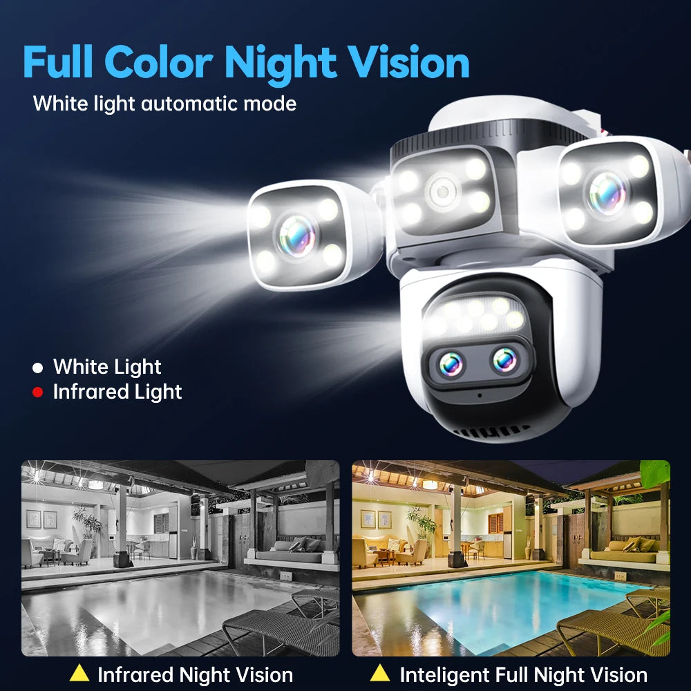4K 10x Optical Zoom WIFI Camera 8MP Outdoor Four Lens Four Screens PTZ Camera AI Auto Tracking Video Surveillance Support WIFI 6