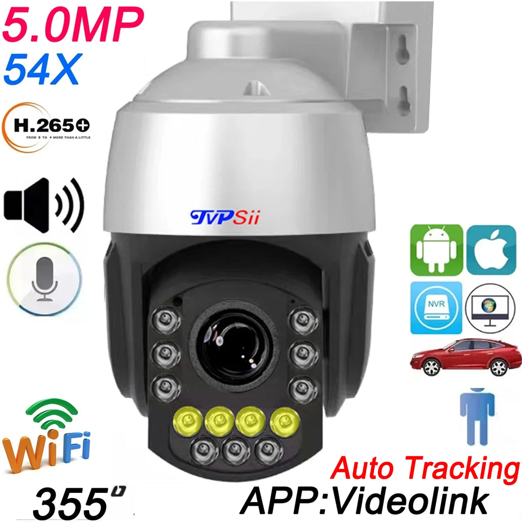 Max.256G Full Color Auto Tracking CamHi H.265+ 8MP 4K IMX415 54X Optical Zoom Audio Alarm WIFI POE PTZ 2 in 1 IP Security Camera