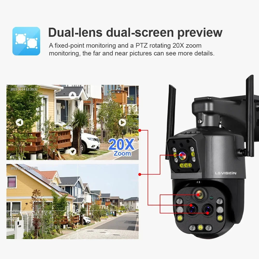 LS VISION Ultra 8K WiFi IP Camera 20X Optical Zoom Outdoor Wireless 4K Four Lens Dual Screens PTZ Cam Auto Tracking CCTV Camera