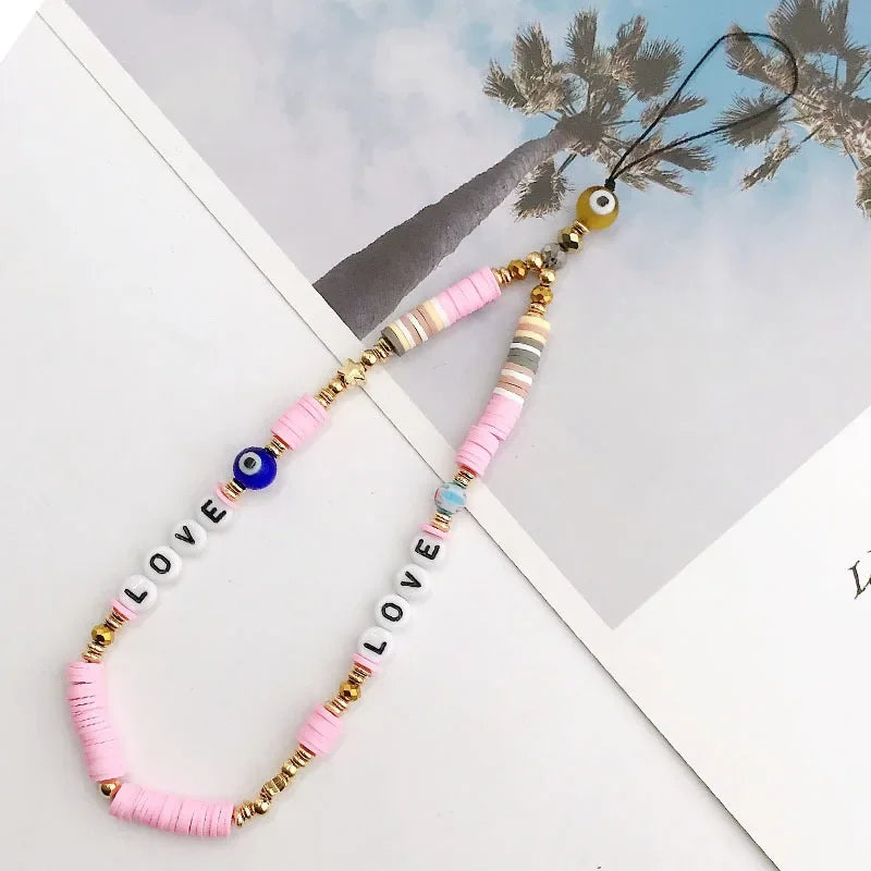 Bohemian Butterfly Soft Pottery Phone Chain Lanyard DIY Letters LOVE Pearl Beaded Phone Case Rope Charm Jewelry Accessories 2023