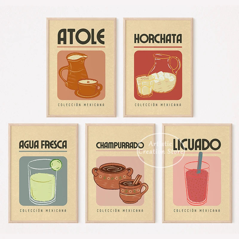 Mexican Drinks Posters Vintage Mexican Beverages Travel Wall Art Canvas Painting Print Wall Living Room Kitchen Home Decor Gifts