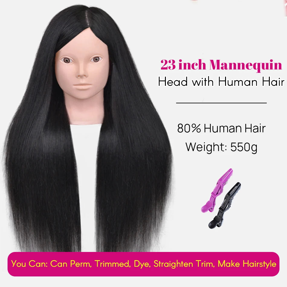 New Female Mannequin Training Doll Head With 80% Real Hair For Hairsyles Hairdressing Cosmetology Dolls Head With Stand Tripod