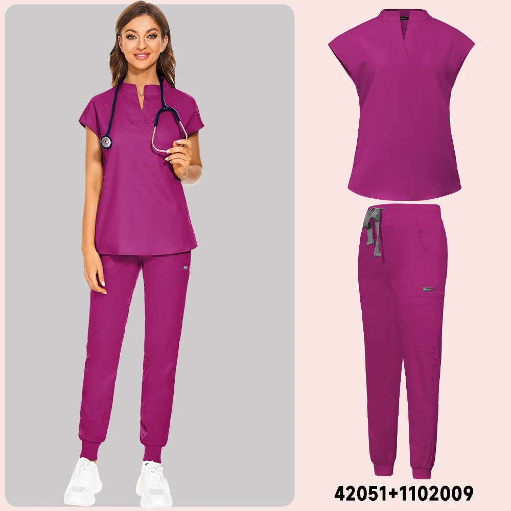 Plus Size Scrubs Set Women Medical Nurse Uniforms Stand Neck V-cut Scrub Top Jogger Pants Vet Doctor Healthcare Workers Workwear