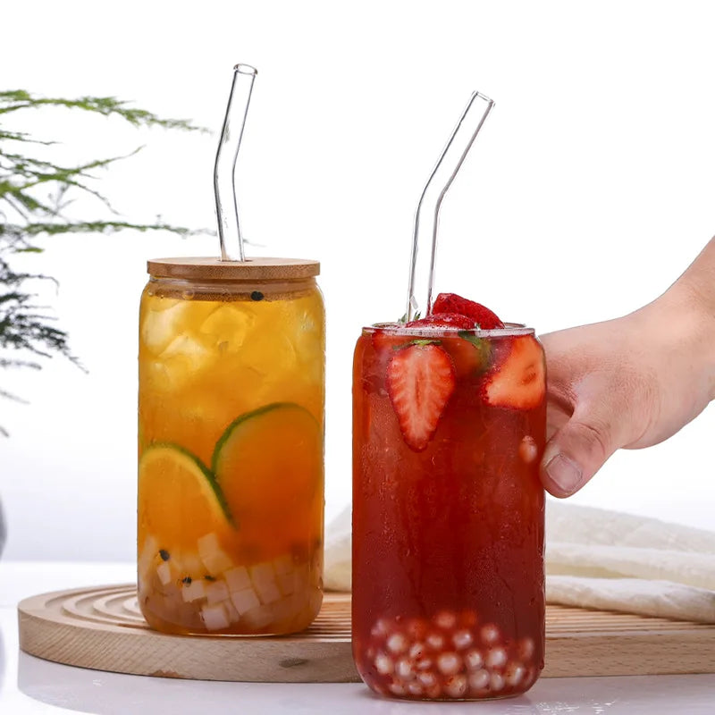 Cola Can with Bamboo Lid, Glass Beverage Juice Cup with Straw