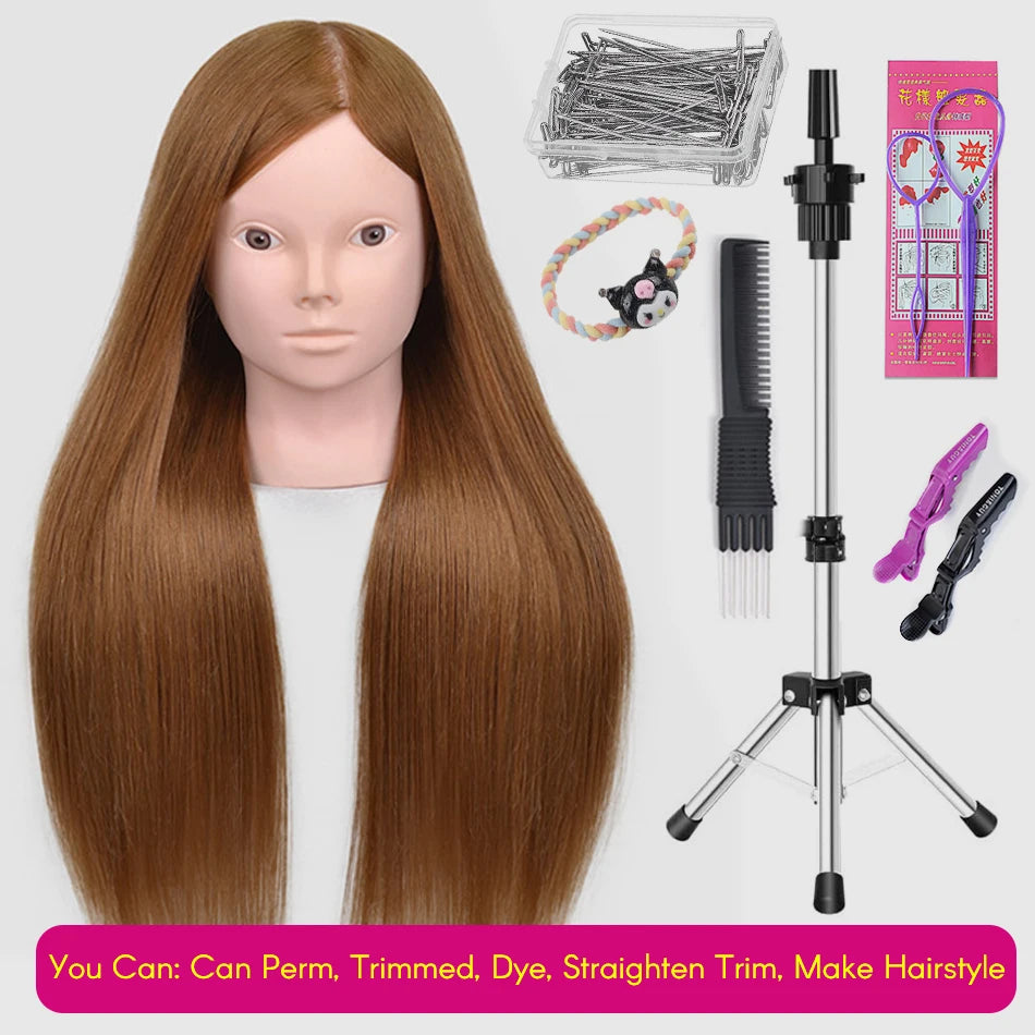 New Female Mannequin Training Doll Head With 80% Real Hair For Hairsyles Hairdressing Cosmetology Dolls Head With Stand Tripod