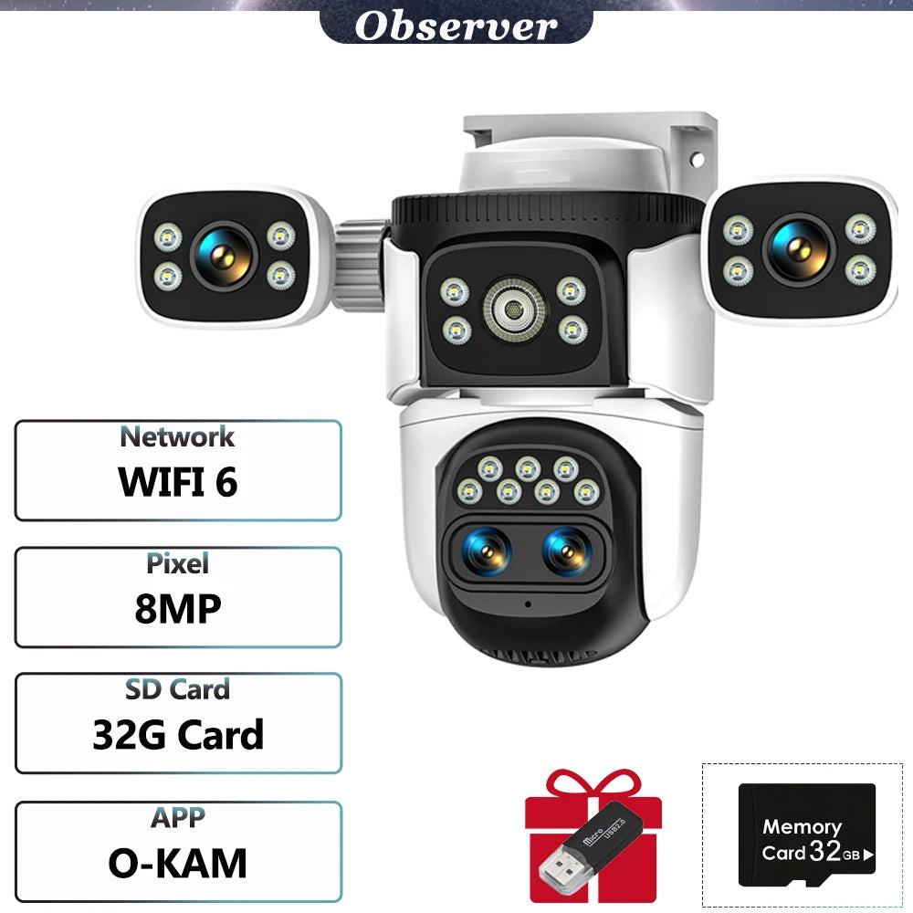 4K 10x Optical Zoom WIFI Camera 8MP Outdoor Four Lens Four Screens PTZ Camera AI Auto Tracking Video Surveillance Support WIFI 6