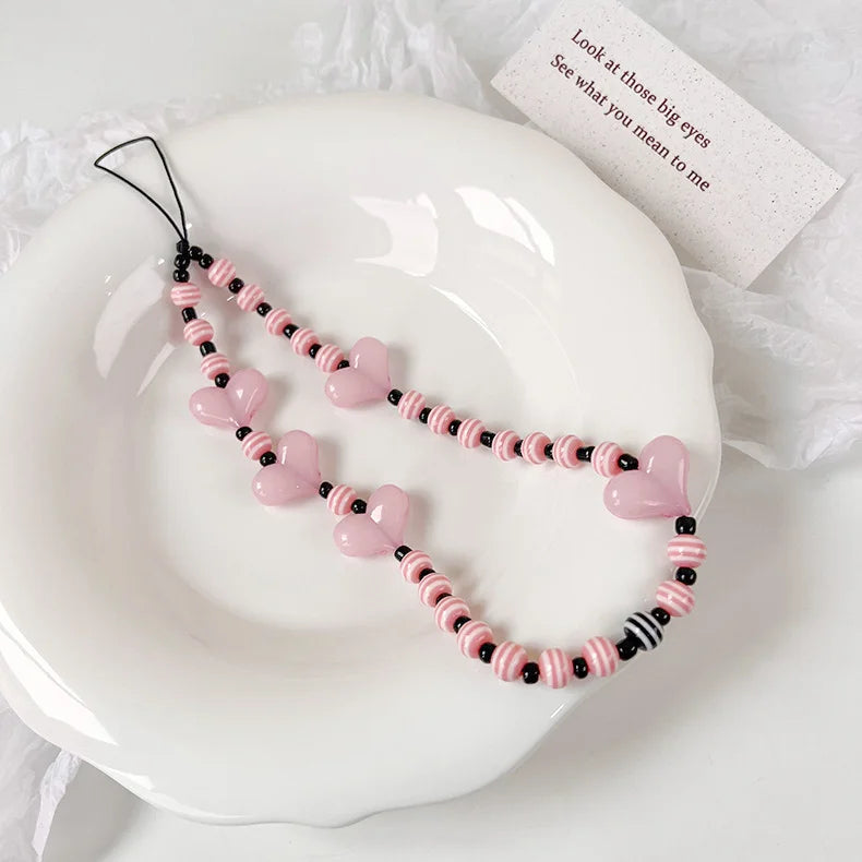2023 Pink Acrylic Heart Cellphone Chain Lanyard Jewelry for Women Vintage Devil Eye Flower Charm Phone Case Strap Accessories