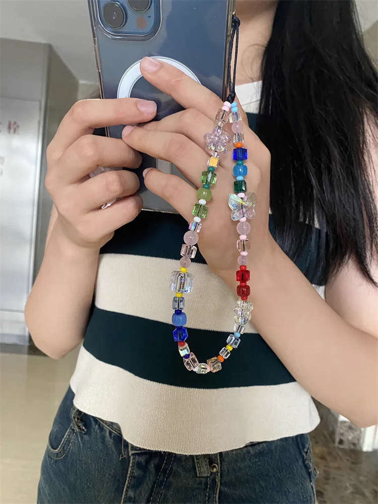 HERLOOK Butterfly Phone Charm Strap Crystal Cube Beaded Flower Phone Chain Y2K Accessories Mix-Color Resin Cellphone Lanyard