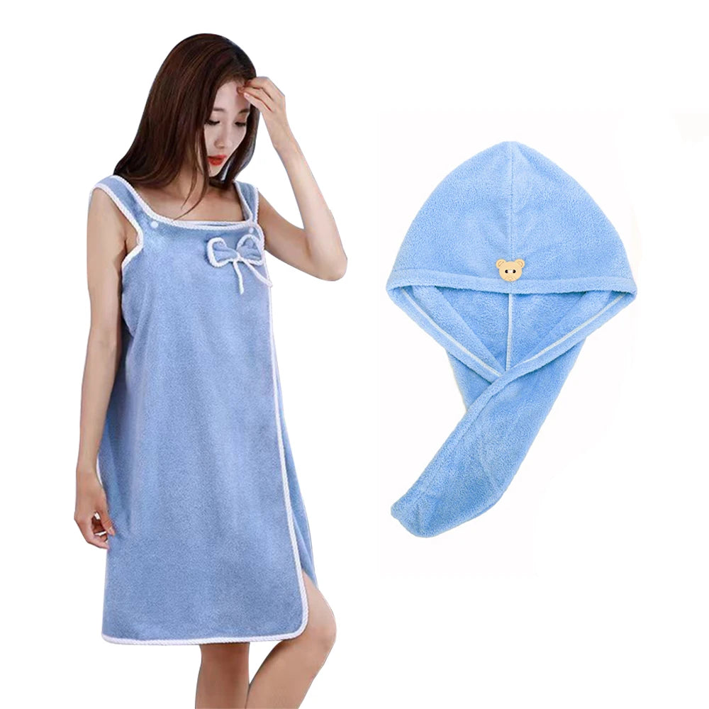 Bath Towel And Turban Hair Towel For Women With Lovely One Pocket Wearable Microfiber Towels 2 Pcs/Set Bathroom Accessories